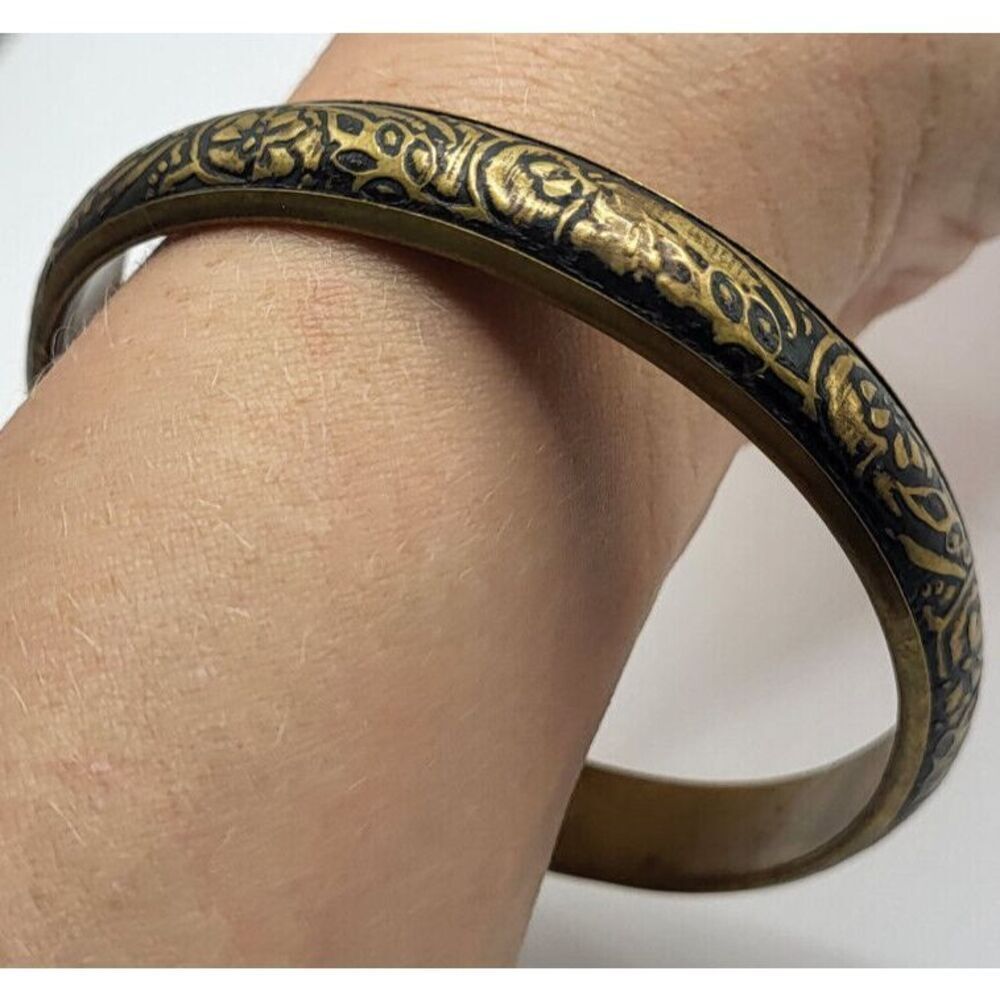 Vintage Bohemian Brass and Floral Embossed Bangle Bracelet 8 in